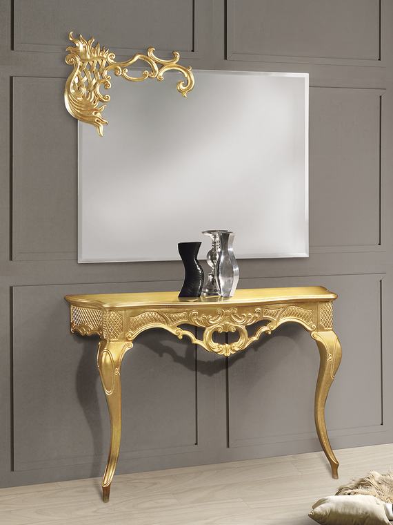 Console e specchiera in legno intagliato e finito in foglia oro