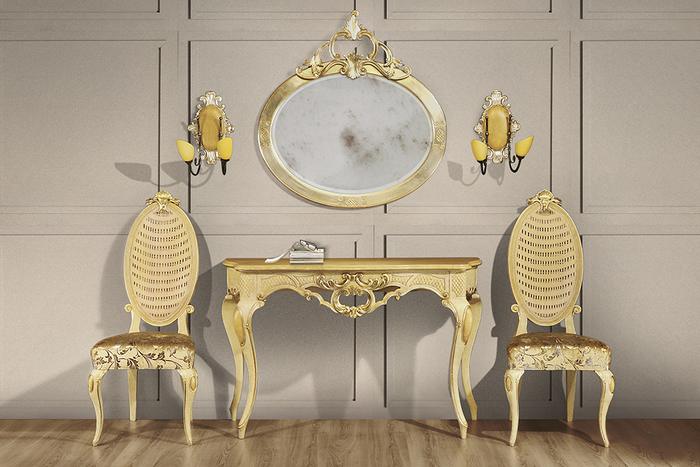 Console in foglia oro con specchiera e sedie abbinate