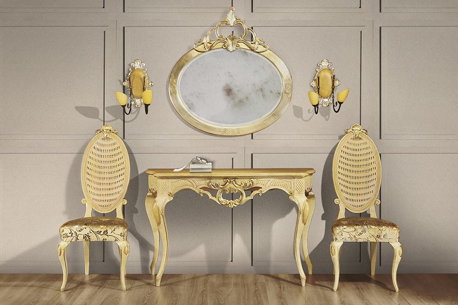 Console e specchiera in foglia oro con due sedie abbinate