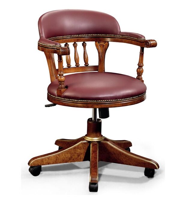 Poltroncina girevole con seduta e schienale in pelle bordeaux e struttura in noce