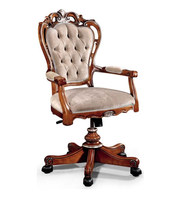 Poltroncina girevole con schienale capitonné panna e cornice in legno intagliato